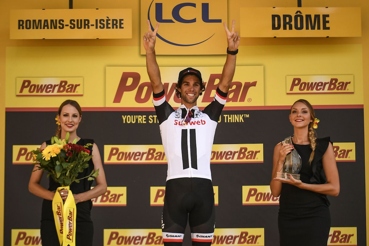 Michael Matthews celebrates winning stage 16 at the Tour de France