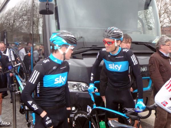 Sky teammates Chris Sutton and Michael Barry prepare to head to the start