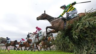 Jockey Paul Townend on I Am Maximus clear The Chair on the final day of the Grand National Festival horse race in April 2024