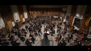 An overhead shot of The Budapest Scoring Symphonic Orchestra performing