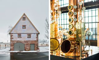 Pictured left: one of the rebuilt structures at the brand’s new base. Right: a detail of the copper still