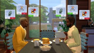 The Sims 4 - Two sims frown at each other across a table with their likes and dislikes displayed