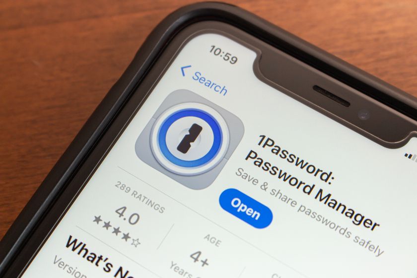 1Password app is displayed in the App Store on an iPhone. 1Password is a management tool designed for securely storing and organizing login credentials