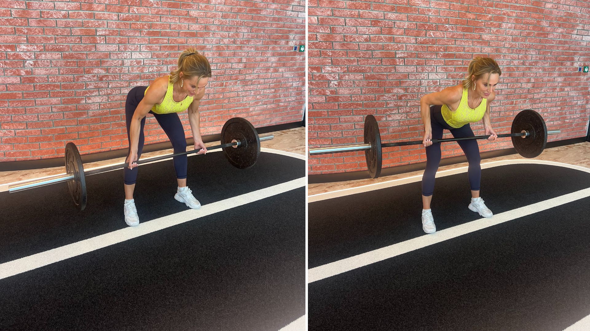 Trainer Sarah Lindsay demonstrates two positions of the barbell bent-over row