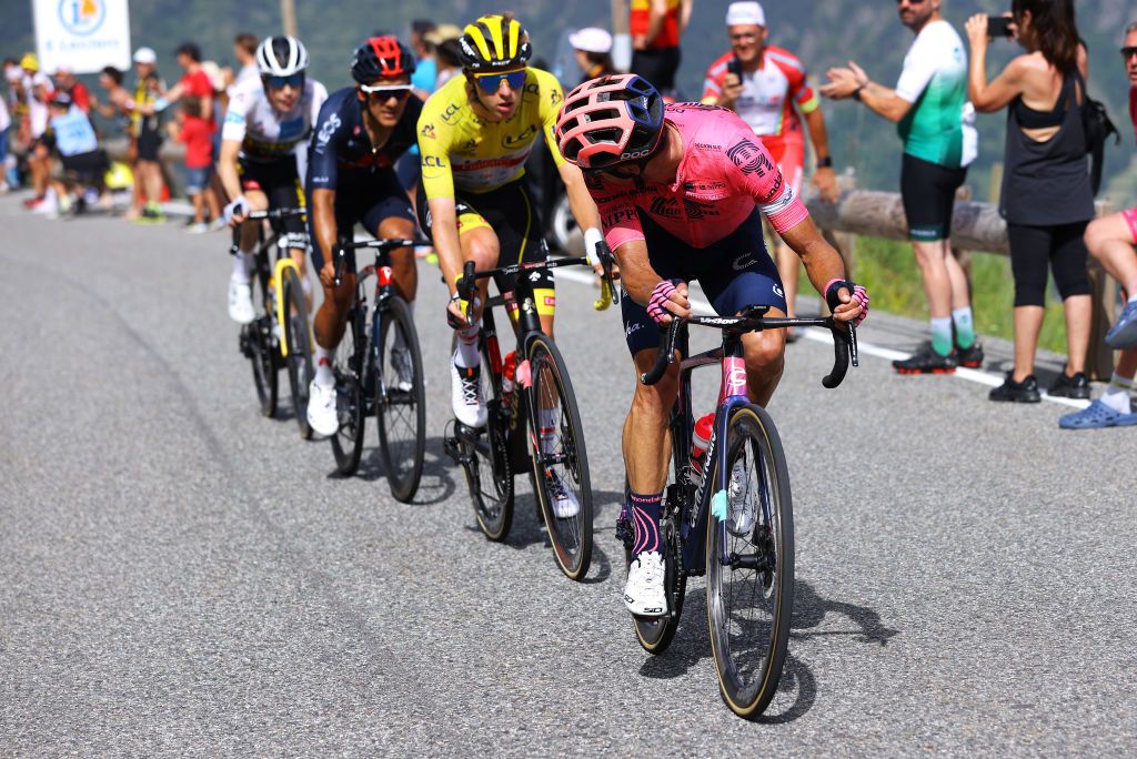 ANDORRELAVIEILLE ANDORRA JULY 11 Rigoberto Urn of Colombia and Team EF Education Nippo Tadej Pogaar of Slovenia and UAETeam Emirates yellow leader jersey during the 108th Tour de France 2021 Stage 15 a 1913km stage from Cret to AndorrelaVieille Public Fans Col de Beixalis 1796m LeTour TDF2021 on July 11 2021 in AndorrelaVieille Andorra Photo by Tim de WaeleGetty Images