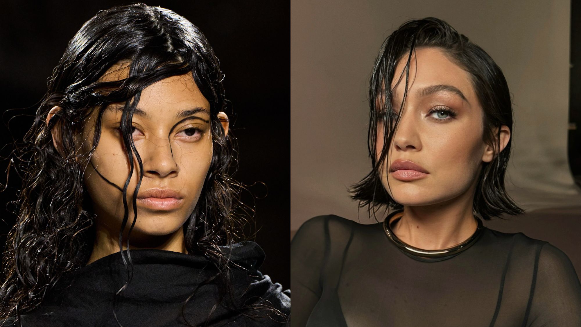 A split image of a model at Yohji Yamamoto S/S 26 and Gigi Hadid with her hair styled by celebrity hairstylist Dimitris Giannetos.