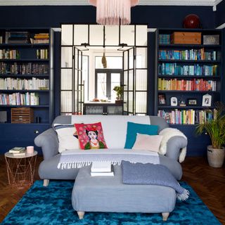 blue living room with colour coordinated bookshelves