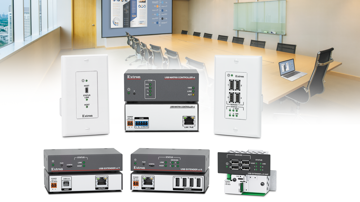 The Extron today USB Extender xi Series superimposed in front of a conference room. 