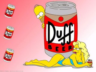 Homer Simpson admires a girl in a swimsuit drinking Duff