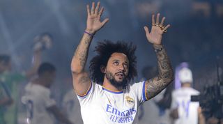Marcelo waves to Real Madrid fans during the club's Champions League celebrations in 2022.