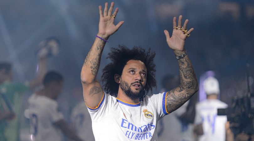 Marcelo waves to Real Madrid fans during the club&#039;s Champions League celebrations in 2022.