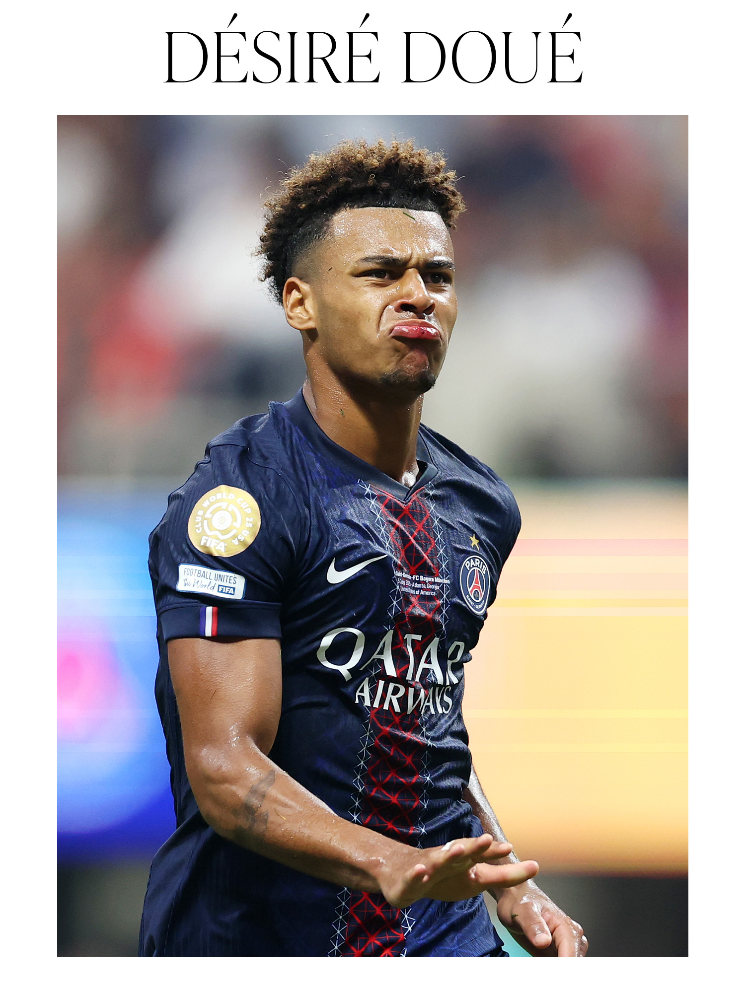 Desire Doue #14 of Paris Saint-Germain celebrates scoring his team's first goal during the FIFA Club World Cup 2025 quarter-final match between Paris Saint-Germain and FC Bayern M&amp;uuml;nchen.