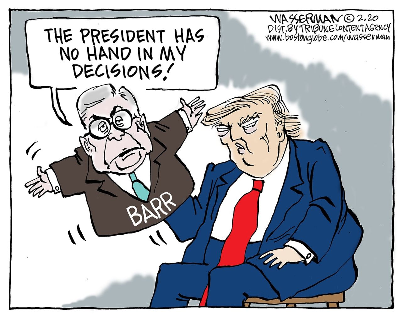 Political Cartoon U.S. Trump William Barr DOJ puppet actions control