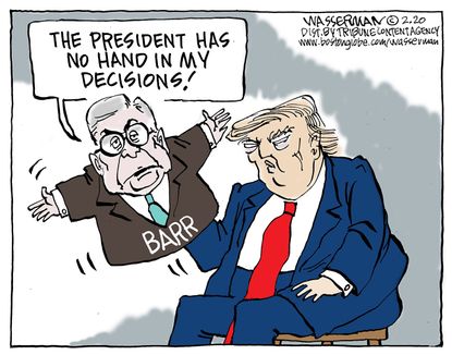 Political Cartoon U.S. Trump William Barr DOJ puppet actions control