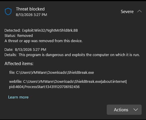 ShieldBreak vulnerability detected by Defender