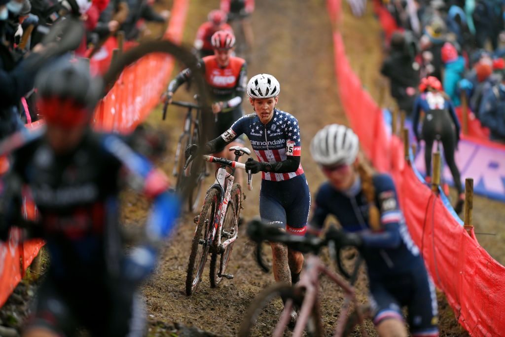 NAMUR BELGIUM DECEMBER 19 Clara Honsinger of United States and Team CannondaleCyclocrossworld competes during the 13th Namur UCI CycloCross Worldcup 2021 Womens Elite UCIWT on December 19 2021 in Namur Belgium Photo by Luc ClaessenGetty Images