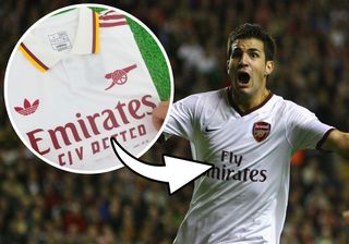 Arsenal third shirt for 2025/26, with Cesc Fabregas wearing the top it's based on, from 2007/08