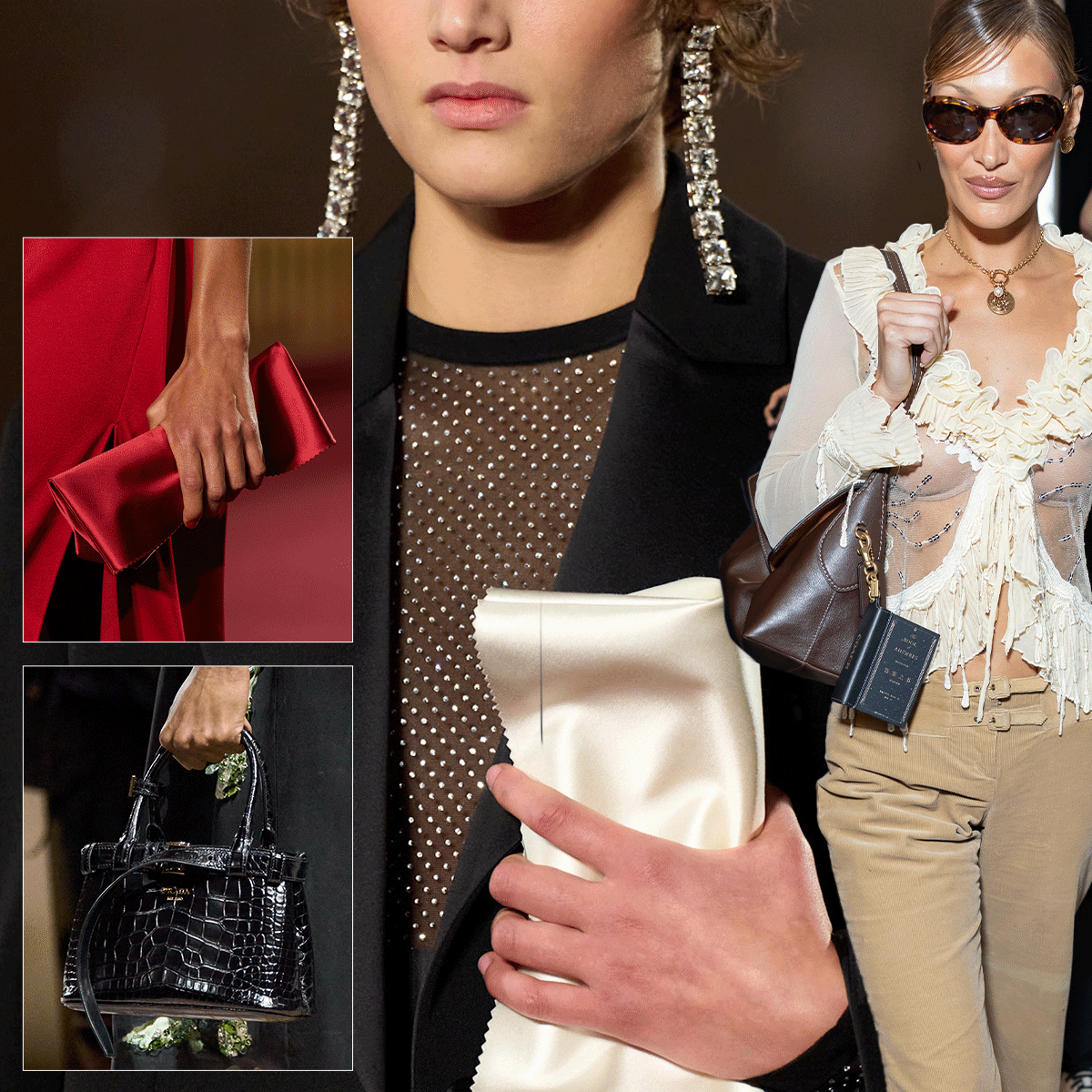a collage of runway and influencer and celebrity imagery featuring the It bags of fall 2026