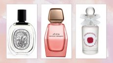 three perfumes included in the best rose perfume buying guide, by Diptyque Narciso Rodriguez and Penhaligons against a pink watercolour background