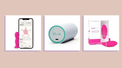 Some of the best pelvic floor trainers, including our top pick from Elvie on pale pink and purple background