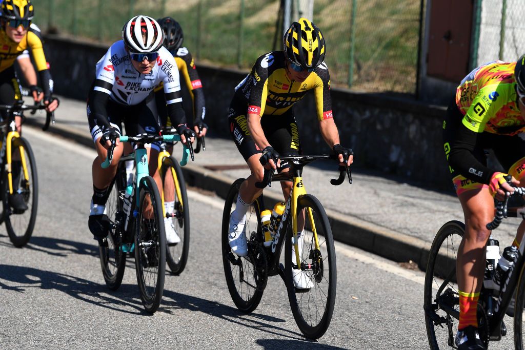 CITTIGLIO ITALY MARCH 21 Georgia Williams of New Zealand and Team BikeExchange Marianne Vos of Netherlands and Team Jumbo Visma during the 45th Trofeo Alfredo BindaComune di Cittiglio 2021 Womens Elite a 1418km stage from Cocquio Trevisago to Cittiglio 257m TrBinda UCIWWT on March 21 2021 in Cittiglio Italy Photo by Tim de WaeleGetty Images