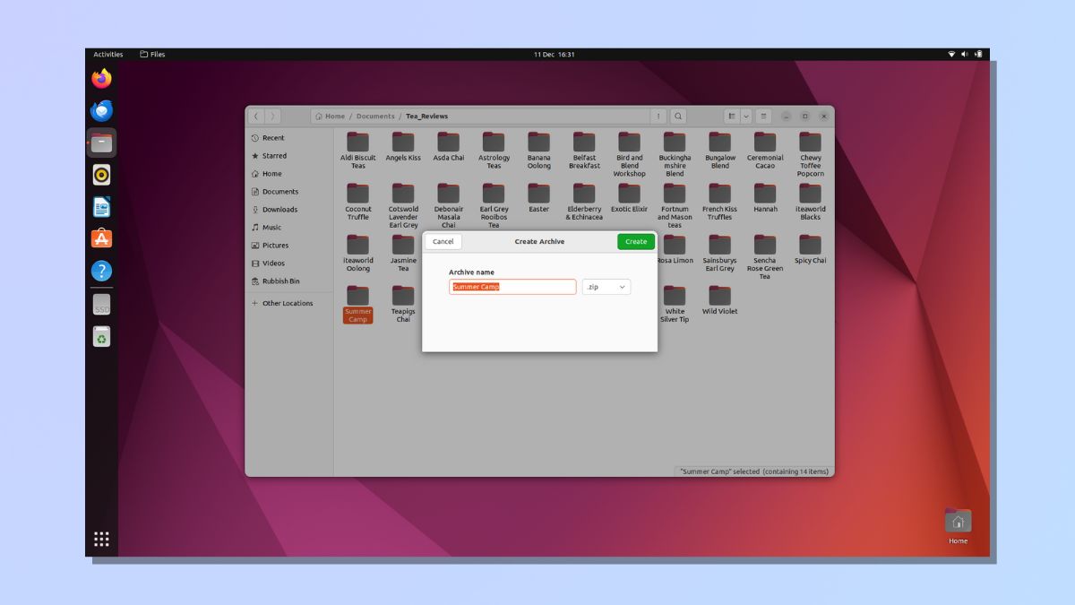 Снимок экрана, показывающий, как заархивировать папку в Linux — Zip в приложении Files дистрибутива