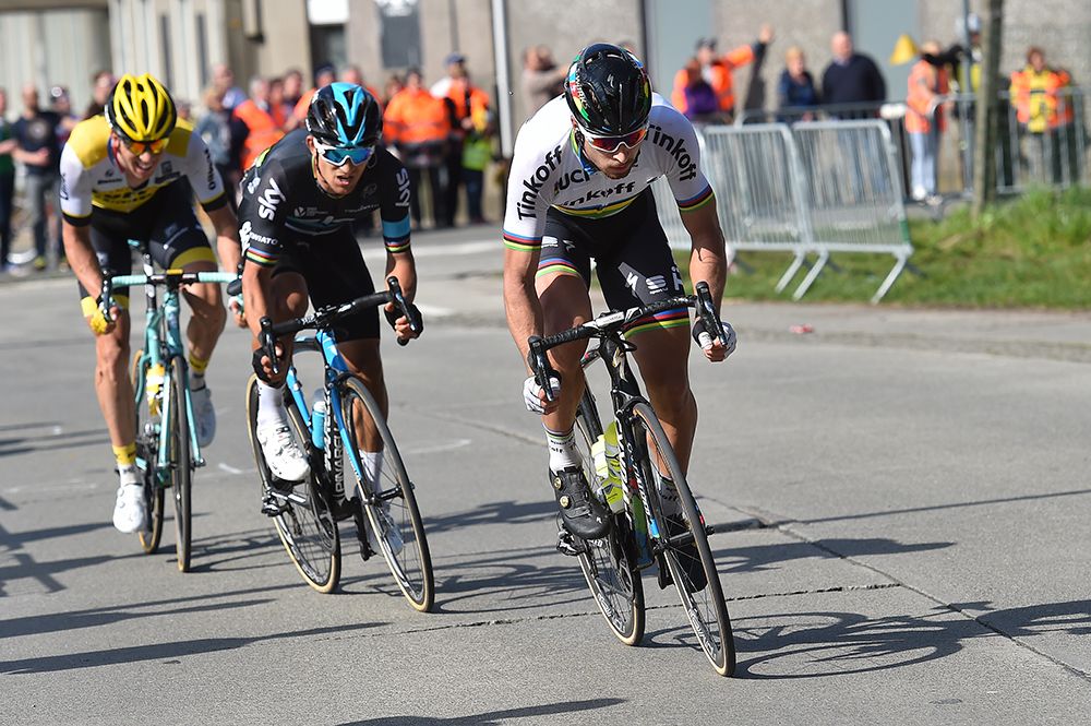 Peter Sagan drives the key break with Michael Kwiatkowski and Sep Vanmarcke