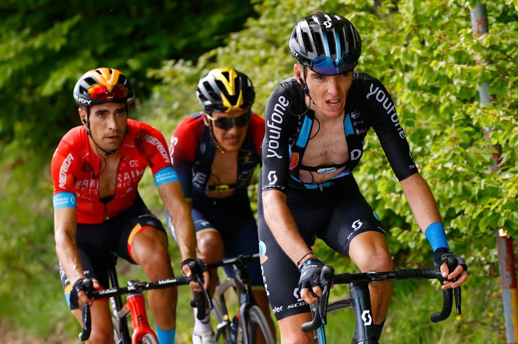 Romain Bardet (Team DSM) on the attack with Richard Carapaz and Mikel Landa on stage 9 of the Giro d&#039;Italia