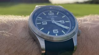 Elliot Brown Canford Mountain Rescue Edition watch: watch face at an angle
