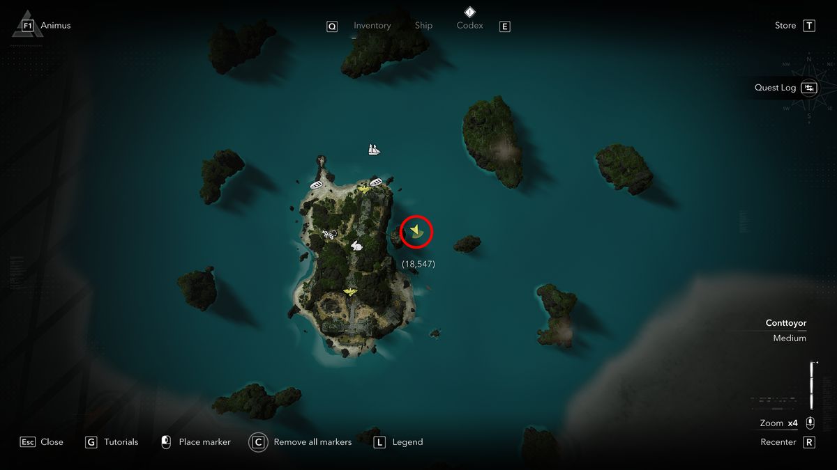Black Flag outfits: A map with a red circle marking the location of Captain Drake's Outfit on Sacrifice Island.