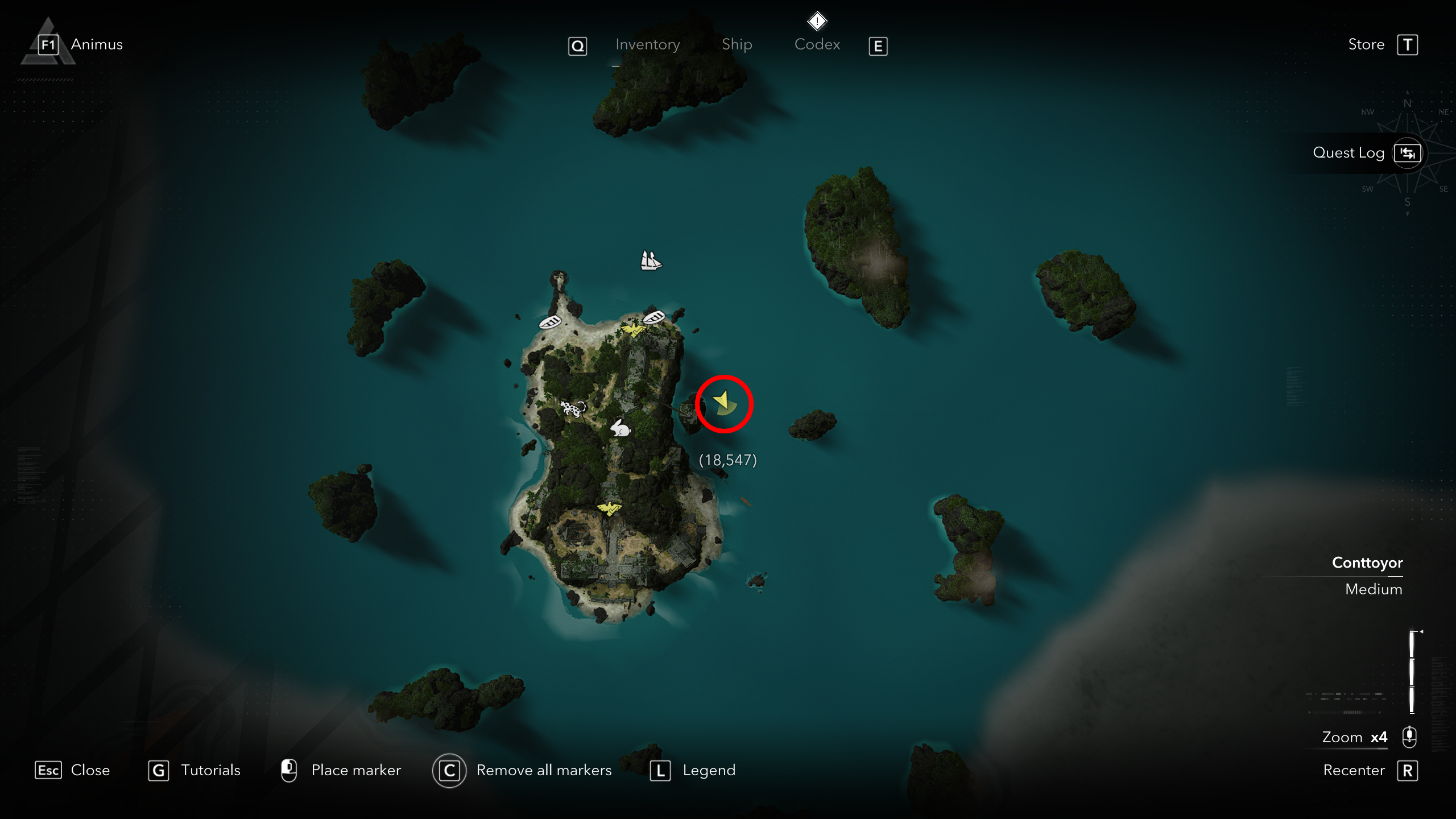 Black Flag outfits: A map with a red circle marking the location of Captain Drake's Outfit on Sacrifice Island.