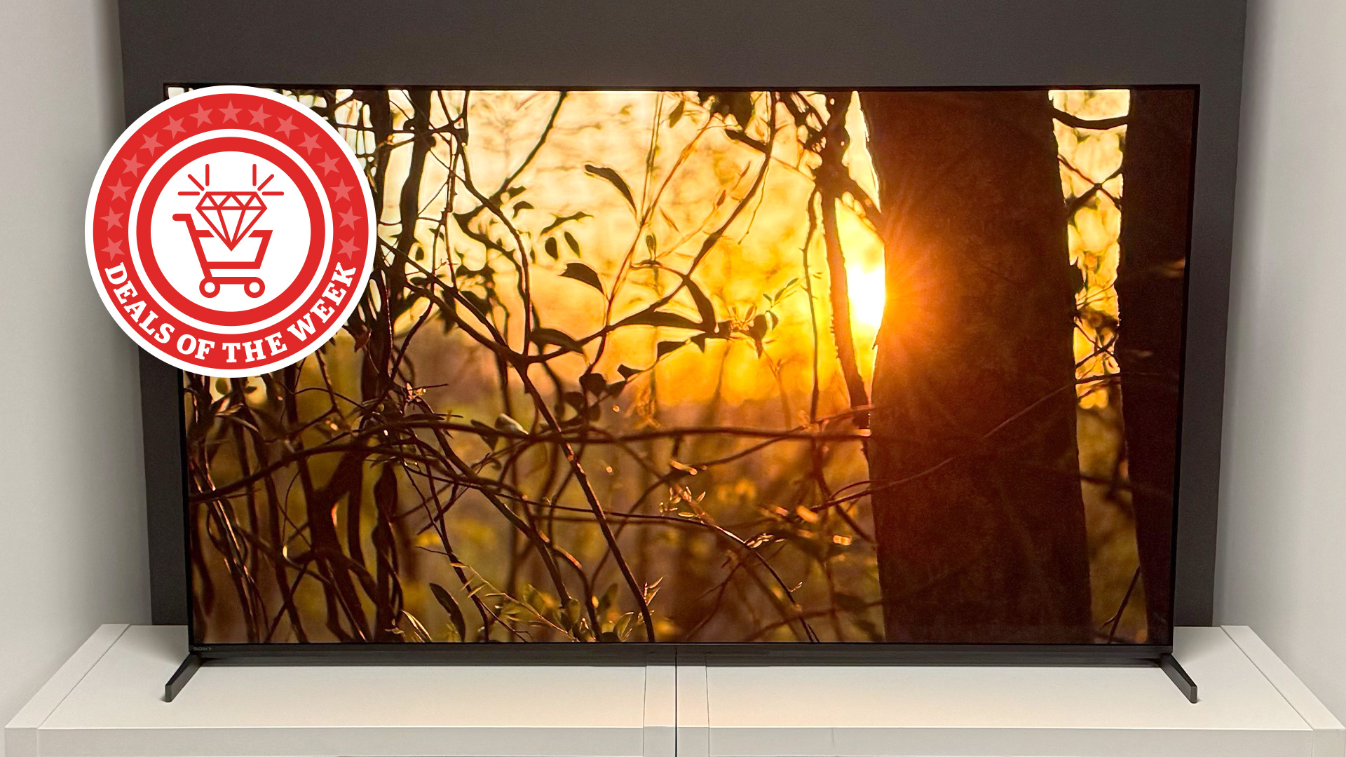 The Sony Bravia 8 II showing the sun shining through a wooded area, with the Deals of the Week logo overlaid on top. 