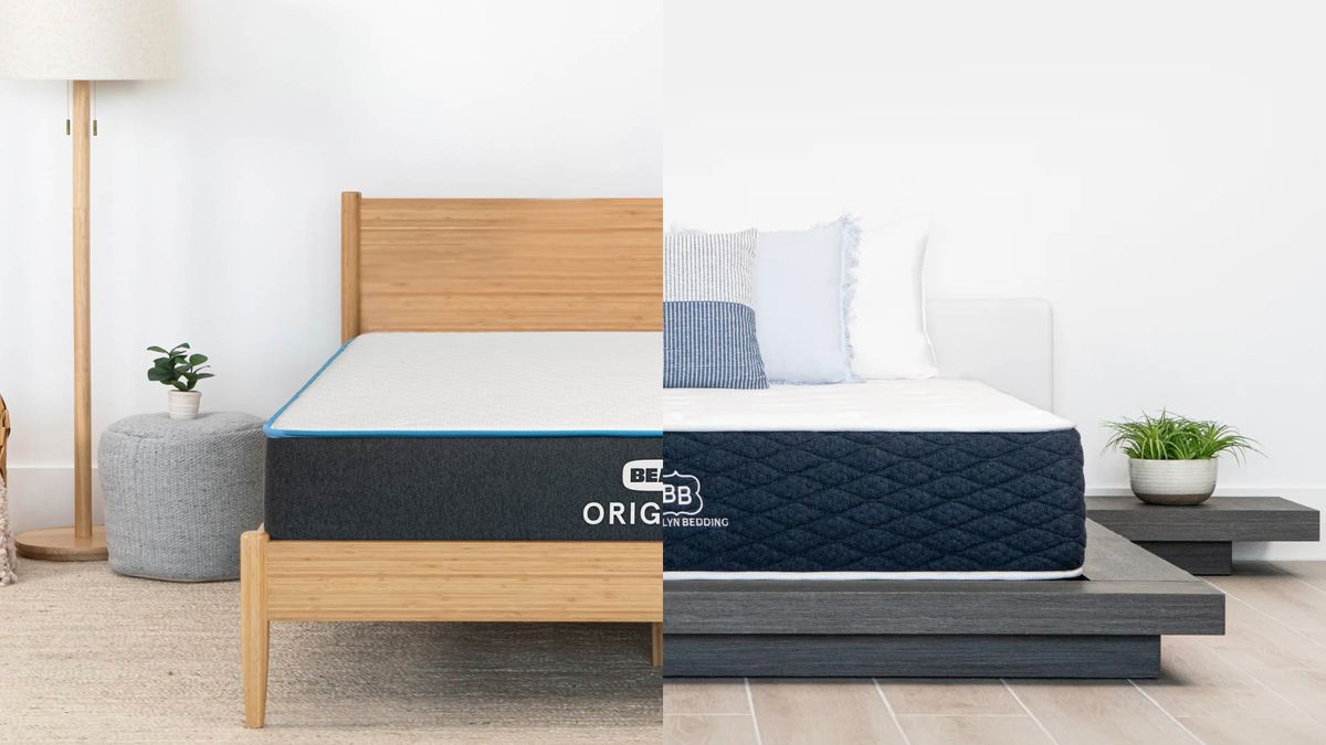 The Bear Original Mattress on a bed frame in a bedroom (left) and the Brooklyn Bedding Signature Hybrid mattress on a bed frame in a bedroom (right)