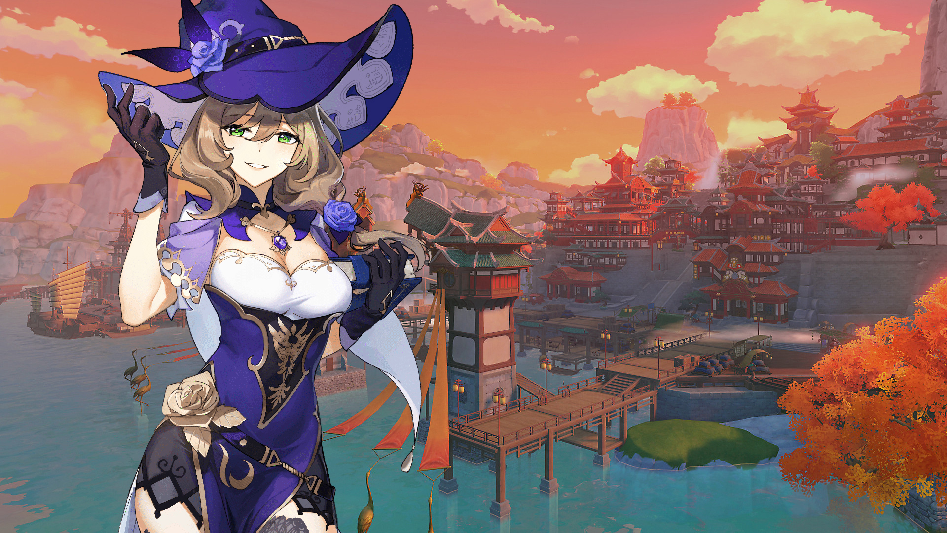 Genshin Impact Tier List - Character art portrait of Lisa in front of a screenshot of Liyue Harbor