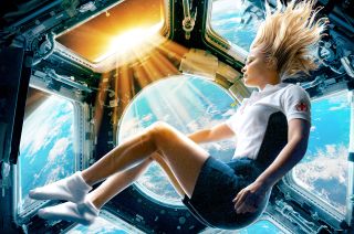 Artwork from the "Vyzov" ("The Challenge") movie poster depicts actress Yulia Peresild as surgeon Zhenya Belyaeva floating in the Cupola aboard the International Space Station.