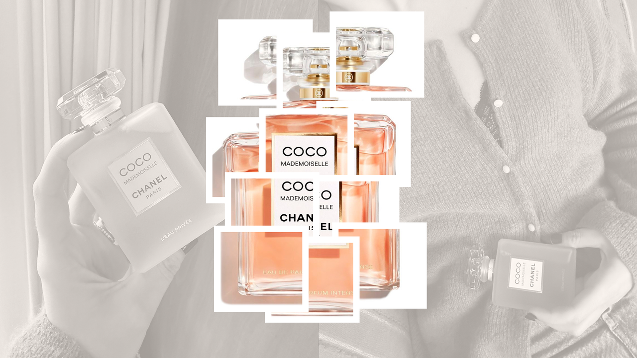 Chanel Coco Mademoiselle bottle collage over images of Shannon Lawlor holding the fragrance in her hand