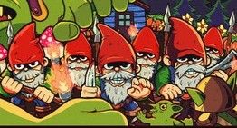 This image is of Cartoonish red-hatted gnomes with angry expressions holding weapons as they face d own attacking, green goblins.