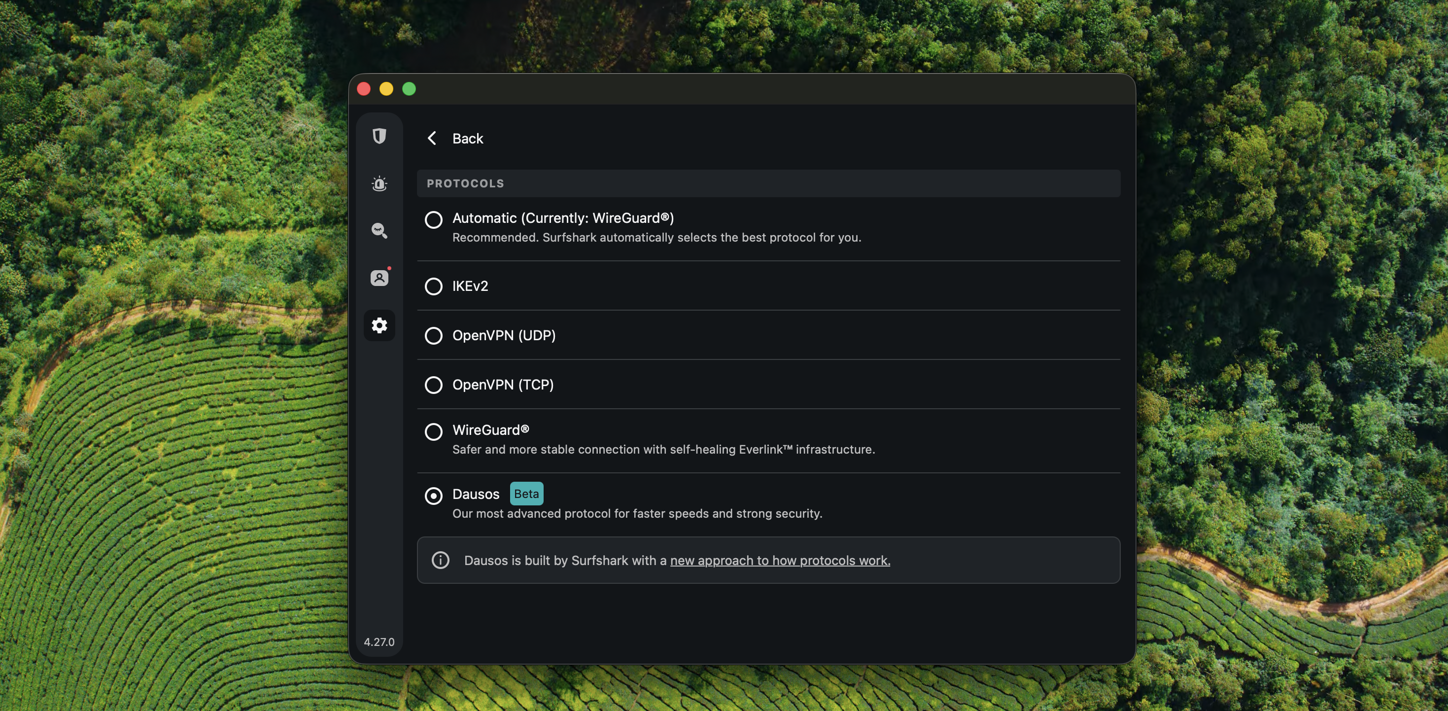 Screenshot showing Surfshark with Dausos protocol selected