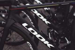 Image shows detail of Look prototype race bike as ridden by Cofidis team in 2023
