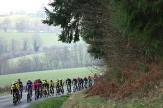 The pack of riders cycles during the 4th stage of the Paris-Nice cycling race, 163,4 km between Vichy and La Loge des Gardes, on March 12, 2025. (Photo by Anne-Christine POUJOULAT / AFP)