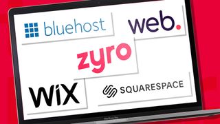 Macbook Pro bærbar med de bedste hjemmesideprogrammer Bluehost, Web.com, Zyro, Wix og Squarespace-logo på skærmen