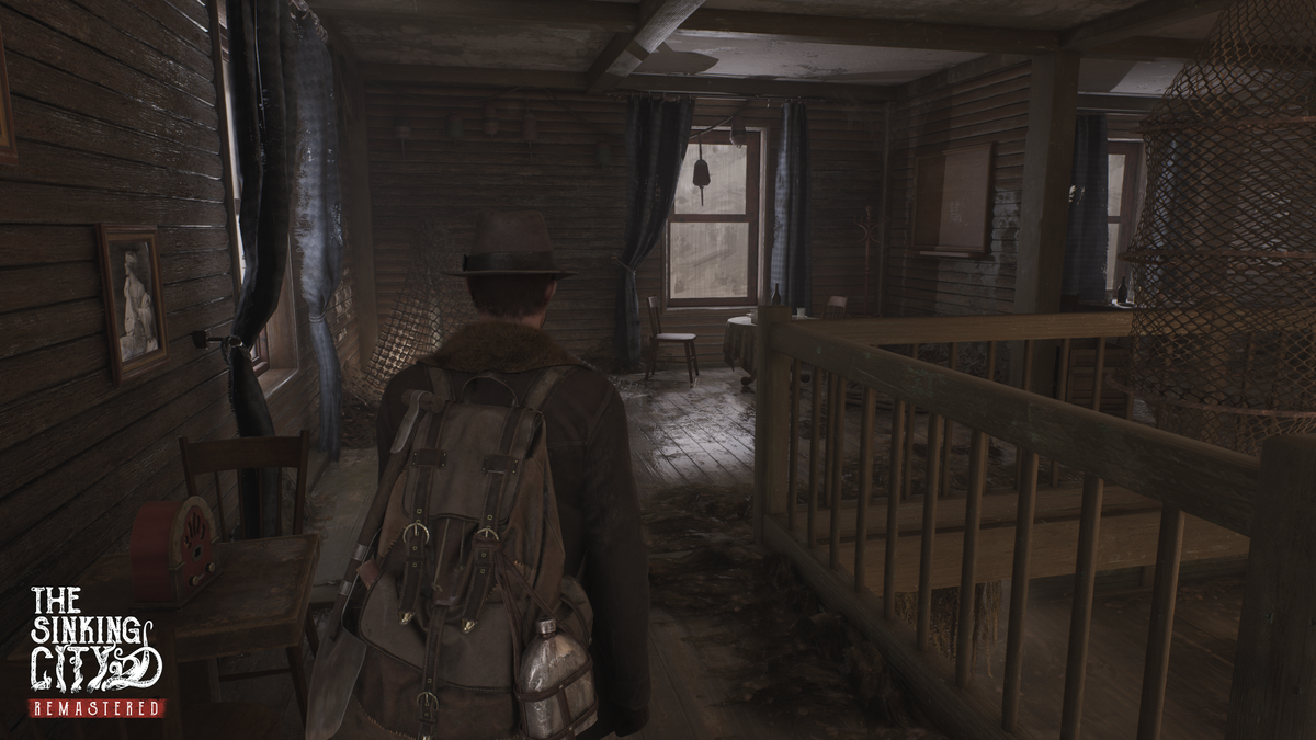 An upstairs landing in The Sinking City Remastered.