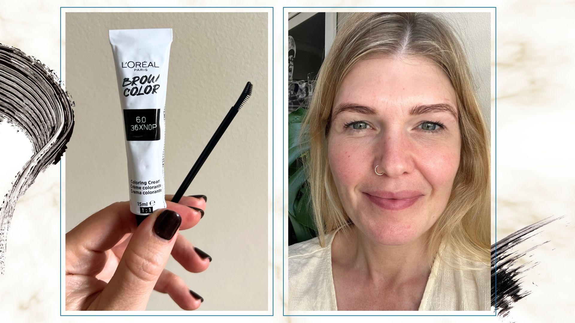 A womans hand with dark nails holding a tube of L'Oreal Brow Artist Brow Color and a spoolie, next to an image of beauty editor Fiona McKim with tinted eyebrows