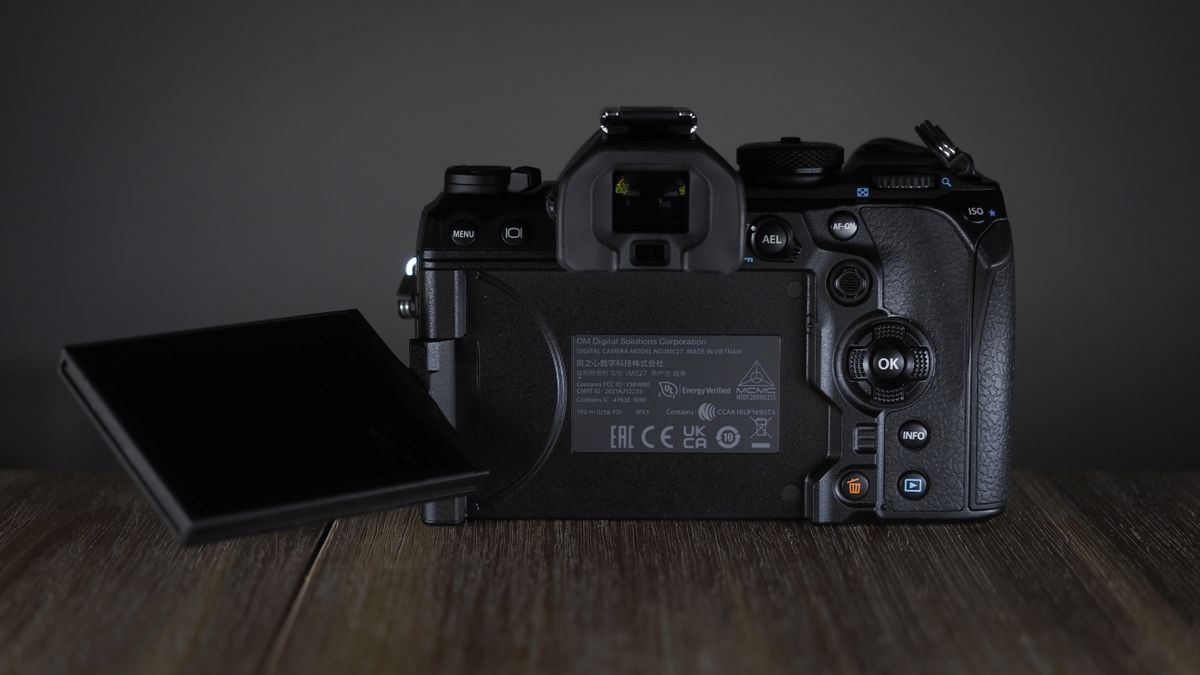 OM System OM-1 Mark II on a wooden surface, against a dark background