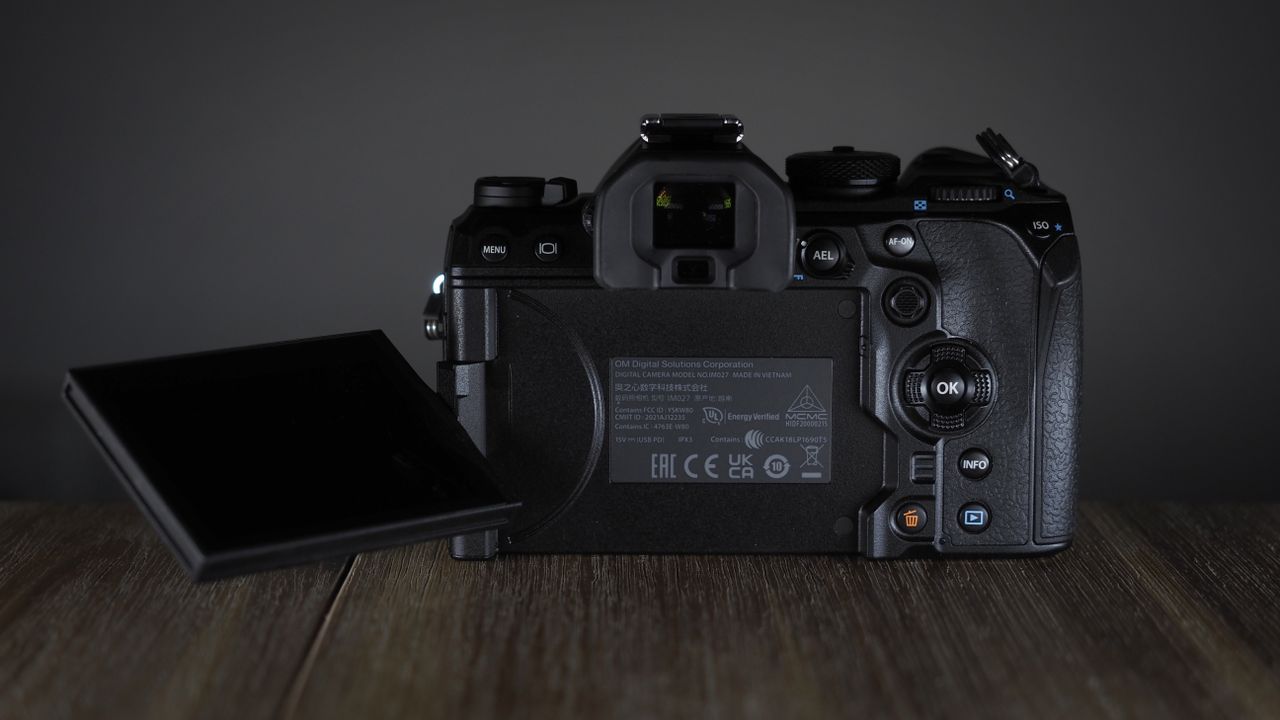 OM System OM-1 Mark II on a wooden surface, against a dark background