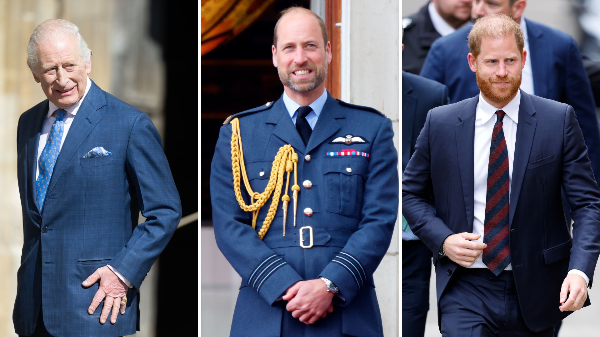 Composite of pictures of King Charles, Prince William and Prince Harry respectively in 2025 