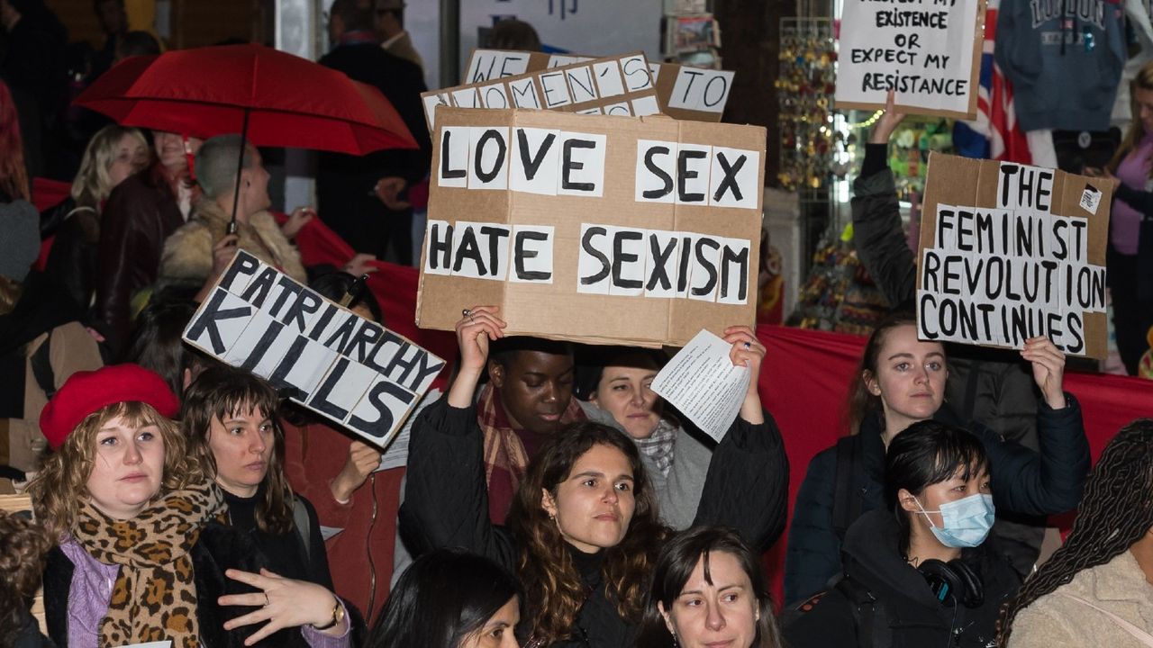 Women march during a demonstration held on International Women’s Day 