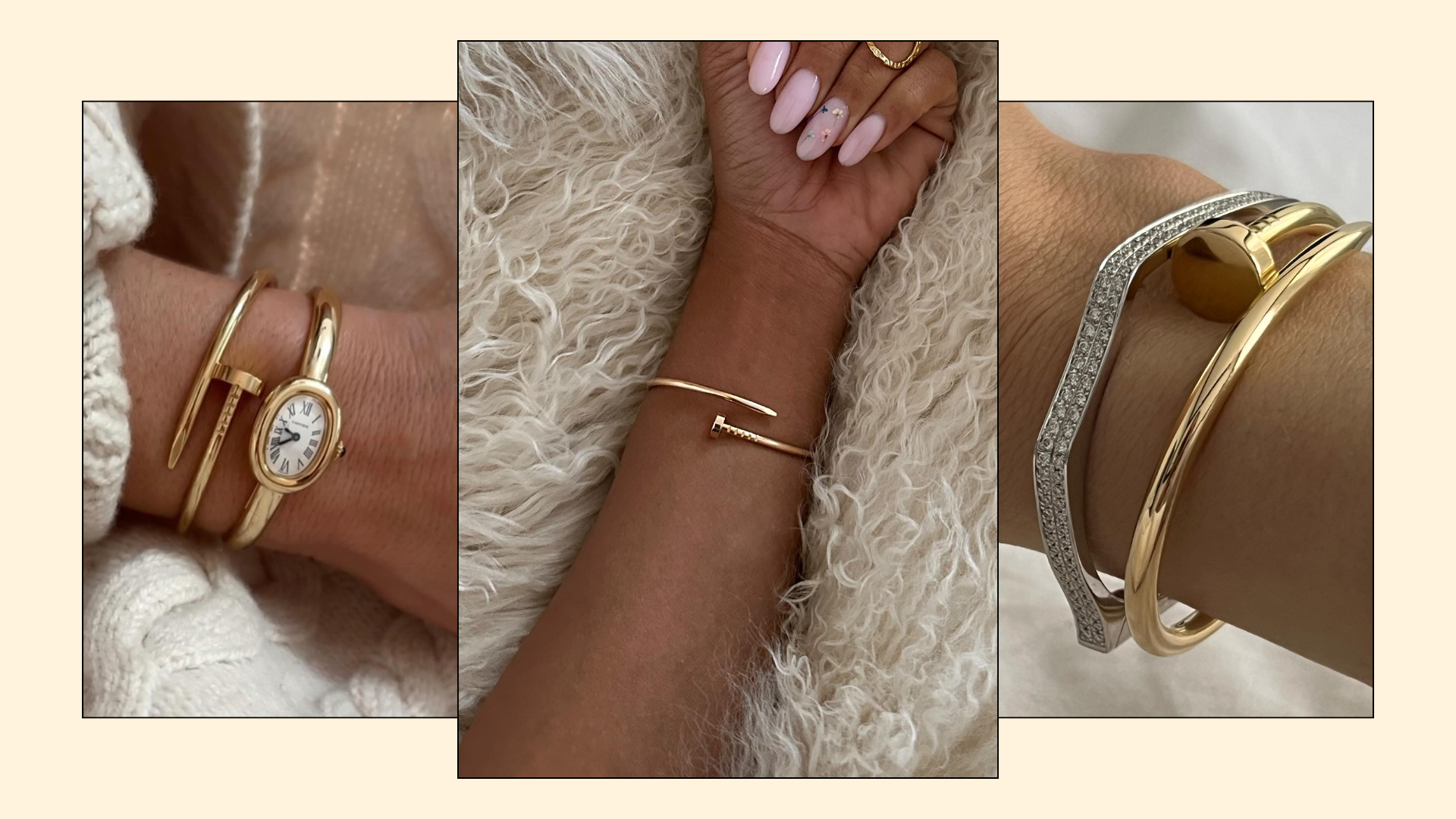 A collage of the Cartier Juste Un Clou bangle.