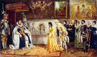 Pocahontas being introduced at the court of King James by her English husband John Rolfe