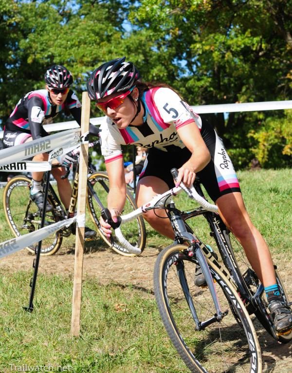 Gabby Day leading her Rapha-Focus teammate Julie Krasniak through some S-turns on lap four